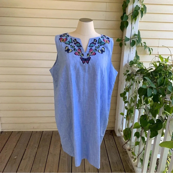 NWT Talbots Embroidered Butterfly Linen Blend Shift Dress Plus Size 22W Blue - Picture 3 of 10